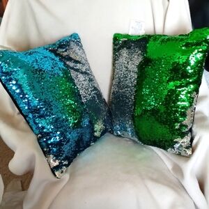 Sam Salem 2  Sequin Pillows, 16” x 16”, preowned, Blue, Green & Silver